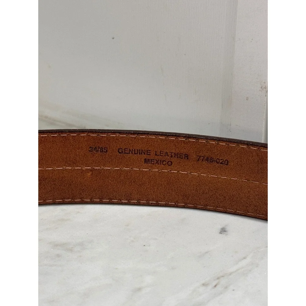 Genuine Leather Belt Mens 34 Brown Double Stitched Brass Buckle Rugged Western
